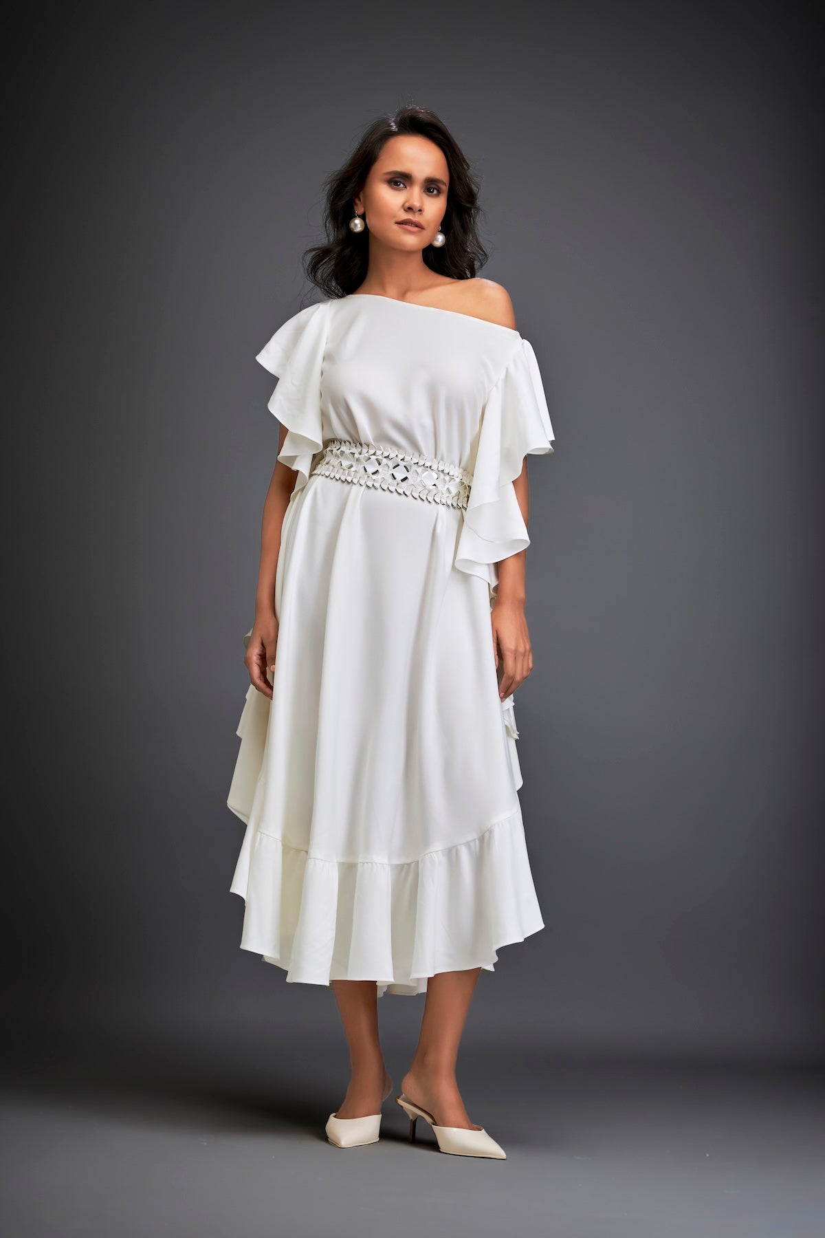 Asymmetrical Off-Shoulder Dress And Metallic Waist Belt – Deepika Arora