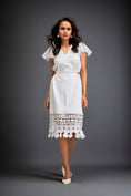 Load image into Gallery viewer, Dress With Sheer Sleeve Detailing And Mesh Geometric Applique Hemline