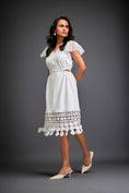 Load image into Gallery viewer, Dress With Sheer Sleeve Detailing And Mesh Geometric Applique Hemline