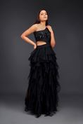 Load image into Gallery viewer, Black Hand Embroidered One Shoulder Ruffle Dress With Net Ruffles And Cutwork Detailing
