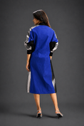 Load image into Gallery viewer, Statement Colourblock Midi Dress In Blue With Contrast Metallic Silver Side Panels And Balloon Sleeves