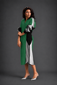 Load image into Gallery viewer, Statement Colourblock Midi Dress In Parrot Green With Contrast Metallic Silver Side Panels And Balloon Sleeves