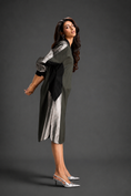 Load image into Gallery viewer, Statement Colourblock Midi Dress In Dark Green With Contrast Metallic Silver Side Panels And Balloon Sleeves