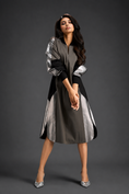Load image into Gallery viewer, Statement Colourblock Midi Dress In Warm Grey With Contrast Metallic Silver Side Panels And Balloon Sleeves