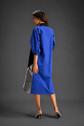 Load image into Gallery viewer, Blue Shirt Dress With Black Panels And Metallic Side Detailing