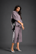 Load image into Gallery viewer, Relaxed Ash Pink Co-ord With Loose-fit Dramatic-sleeve Shirt And Wide-leg Pants With Metallic Side Panels.