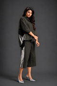 Load image into Gallery viewer, Relaxed Dark Green Co-ord With Loose-fit Dramatic-sleeve Shirt And Wide-leg Pants With Metallic Side Panels.