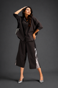 Load image into Gallery viewer, Relaxed Dark Brown Co-ord With Loose-fit Dramatic-sleeve Shirt And Wide-leg Pants With Metallic Side Panels.