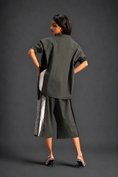 Load image into Gallery viewer, Relaxed Dark Green Co-ord With Loose-fit Dramatic-sleeve Shirt And Wide-leg Pants With Metallic Side Panels.