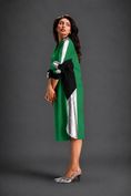 Load image into Gallery viewer, Statement Colourblock Midi Dress In Parrot Green With Contrast Metallic Silver Side Panels And Balloon Sleeves