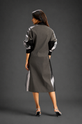 Load image into Gallery viewer, Statement Colourblock Midi Dress In Warm Grey With Contrast Metallic Silver Side Panels And Balloon Sleeves