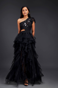 Load image into Gallery viewer, Black Hand Embroidered One Shoulder Ruffle Dress With Net Ruffles And Cutwork Detailing