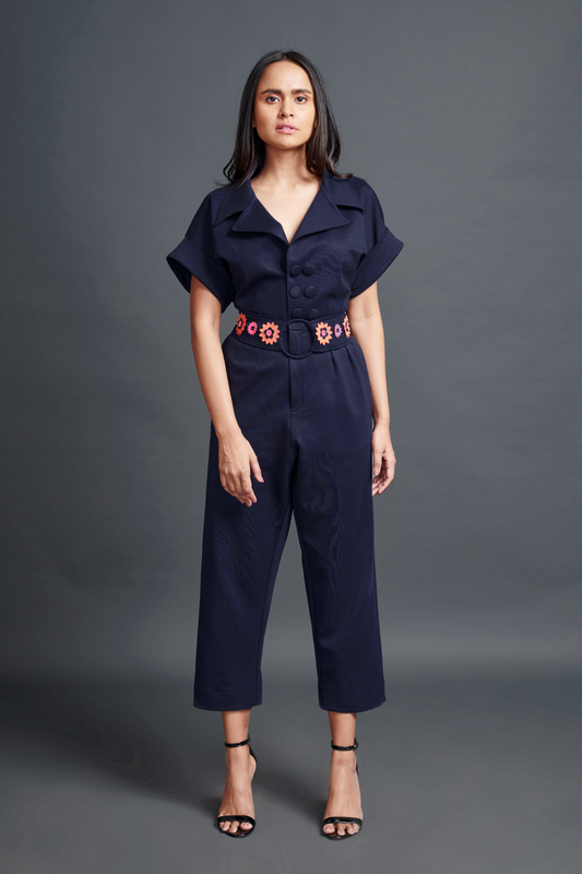 Navy Blue Collared Jumpsuit With Belt