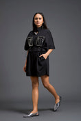 Load image into Gallery viewer, Black Gunmetal Panel Drawstring Playsuit