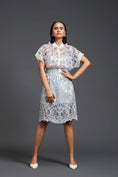 Load image into Gallery viewer, Grey Sheer Floral Blouse and Laser-Cut Pencil Skirt Set
