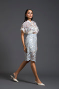 Load image into Gallery viewer, Grey Sheer Floral Blouse and Laser-Cut Pencil Skirt Set