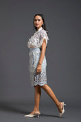 Load image into Gallery viewer, Grey Sheer Floral Blouse and Laser-Cut Pencil Skirt Set