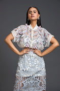Load image into Gallery viewer, Grey Sheer Floral Blouse and Laser-Cut Pencil Skirt Set