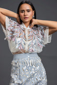 Load image into Gallery viewer, Grey Sheer Floral Blouse and Laser-Cut Pencil Skirt Set