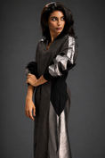 Load image into Gallery viewer, Statement Colourblock Midi Dress In Dark Brown With Contrast Metallic Silver Side Panels And Balloon Sleeves