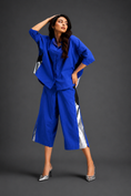 Load image into Gallery viewer, Relaxed Blue Co-ord With Loose-fit Dramatic-sleeve Shirt And Wide-leg Pants With Metallic Side Panels.