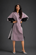 Load image into Gallery viewer, Statement Colourblock Midi Dress In Ash Pink With Contrast Metallic Silver Side Panels And Balloon Sleeves