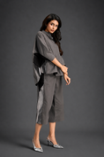 Load image into Gallery viewer, Relaxed Warm Grey Co-ord With Loose-fit Dramatic-sleeve Shirt And Wide-leg Pants With Metallic Side Panels.