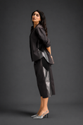 Load image into Gallery viewer, Relaxed Dark Brown Co-ord With Loose-fit Dramatic-sleeve Shirt And Wide-leg Pants With Metallic Side Panels.