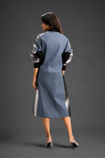 Load image into Gallery viewer, Statement Colourblock Midi Dress In Cool Grey With Contrast Metallic Silver Side Panels And Balloon Sleeves