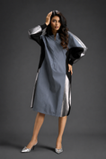 Load image into Gallery viewer, Statement Colourblock Midi Dress In Cool Grey With Contrast Metallic Silver Side Panels And Balloon Sleeves