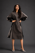 Load image into Gallery viewer, Statement Colourblock Midi Dress In Dark Brown With Contrast Metallic Silver Side Panels And Balloon Sleeves