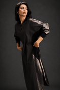 Load image into Gallery viewer, Statement Colourblock Midi Dress In Dark Brown With Contrast Metallic Silver Side Panels And Balloon Sleeves