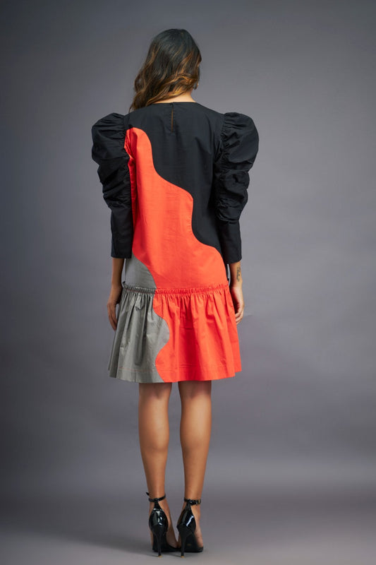 Black Orange Short Dress With Frills