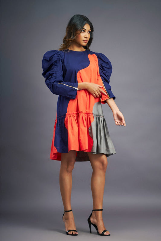 Navy Blue Orange Short Dress With Frills
