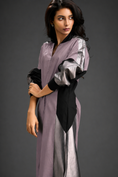 Load image into Gallery viewer, Statement Colourblock Midi Dress In Ash Pink With Contrast Metallic Silver Side Panels And Balloon Sleeves