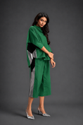 Load image into Gallery viewer, Relaxed Parrot Green Co-ord With Loose-fit Dramatic-sleeve Shirt And Wide-leg Pants With Metallic Side Panels.