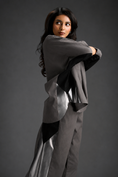 Load image into Gallery viewer, Relaxed Warm Grey Co-ord With Loose-fit Dramatic-sleeve Shirt And Wide-leg Pants With Metallic Side Panels.