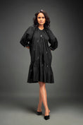 Load image into Gallery viewer, Black Midi Dress with Ruffle Hem & Metallic Embellishments