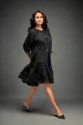 Load image into Gallery viewer, Black Midi Dress with Ruffle Hem & Metallic Embellishments