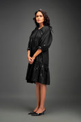 Load image into Gallery viewer, Black Midi Dress with Ruffle Hem & Metallic Embellishments