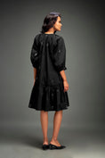 Load image into Gallery viewer, Black Midi Dress with Ruffle Hem & Metallic Embellishments