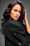 Load image into Gallery viewer, Black Midi Dress with Ruffle Hem & Metallic Embellishments