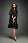 Load image into Gallery viewer, Black Midi Dress with Ruffle Hem & Metallic Embellishments