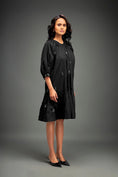 Load image into Gallery viewer, Black Midi Dress with Ruffle Hem & Metallic Embellishments