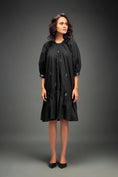 Load image into Gallery viewer, Black Midi Dress with Ruffle Hem & Metallic Embellishments