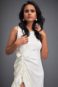 Load image into Gallery viewer, White Dress with Ruched Floral Embellishments