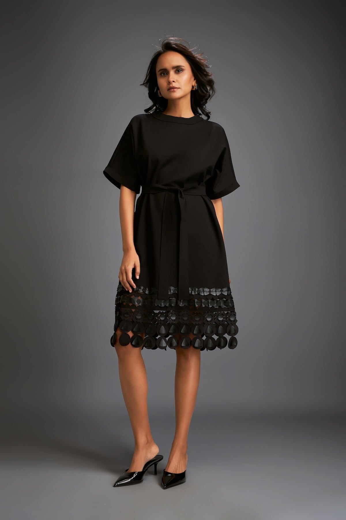 Black Shift Dress with Circular Cutout Hem - Main Image