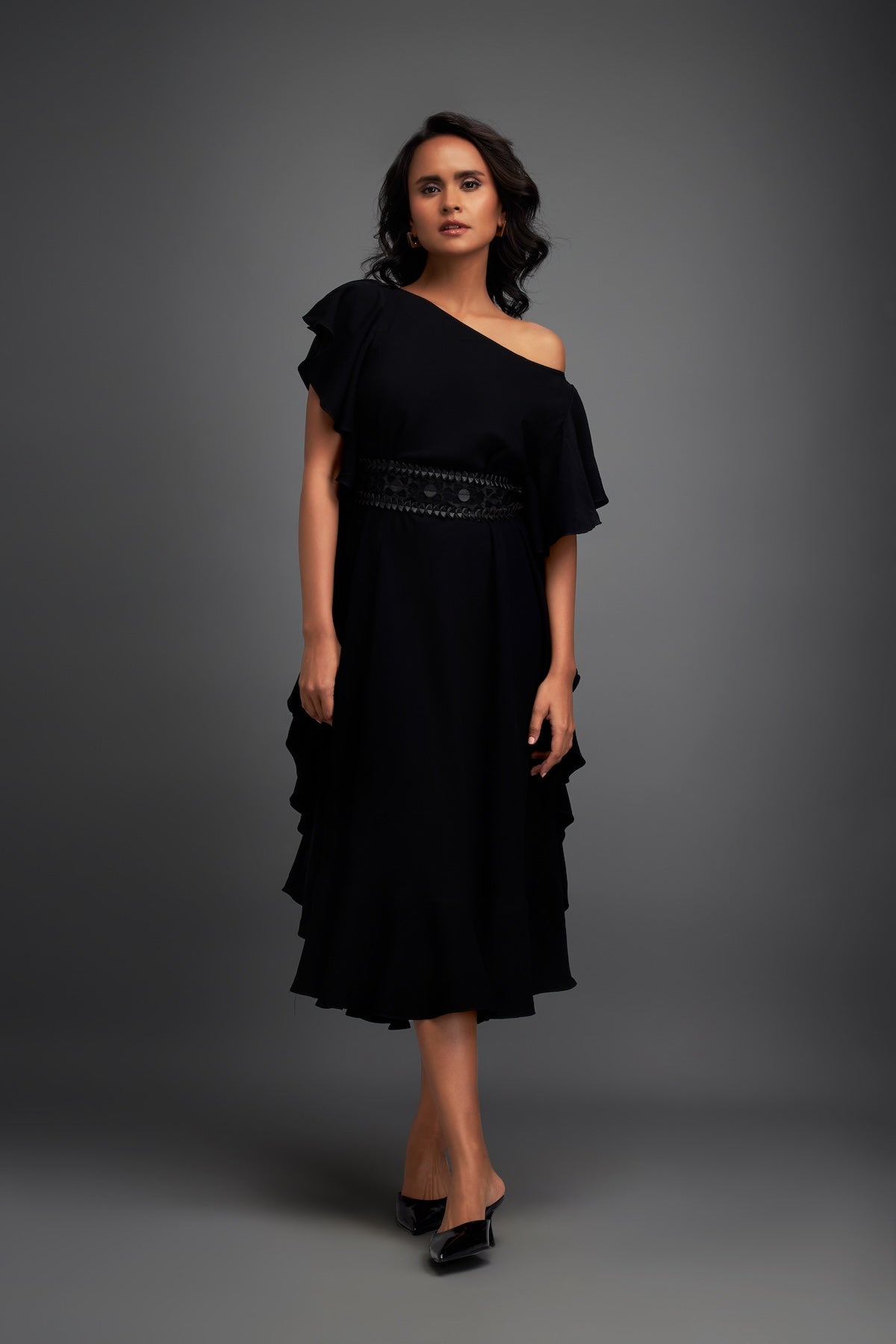 Asymmetrical Off-Shoulder Dress with Textured Belt Deepika Arora Asymmetrical Off-Shoulder Dress with Textured Belt Deepika Arora