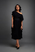 Load image into Gallery viewer, Asymmetrical Off-Shoulder Dress with Textured Belt