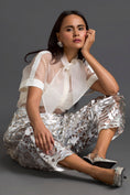 Load image into Gallery viewer, White Sheer Top and Silver Laser-Cut Tapered Pants Set